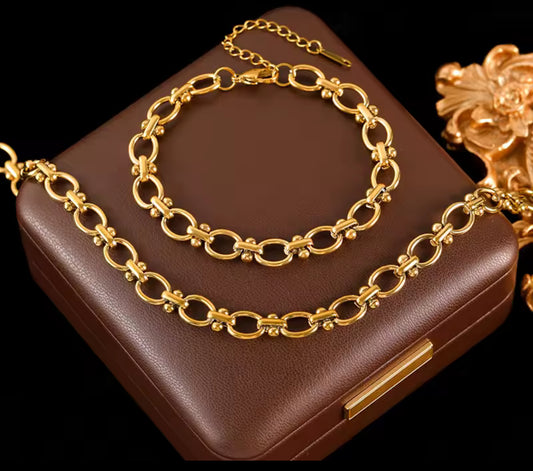 Gold Stainless Steel Circle Link Necklace & Bracelet Set – Executive Statement Chain Jewelry for Women.