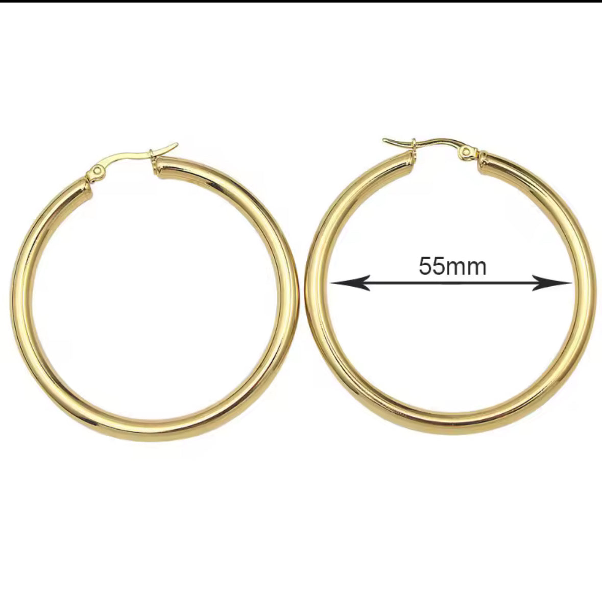 Gold Stainless Steel 55mm Big Hollow Hoop Earrings – Bold Lightweight Statement Hoops for Women.