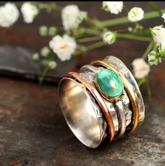 Retro simple synthetic turquoise plated three color wide band ring.