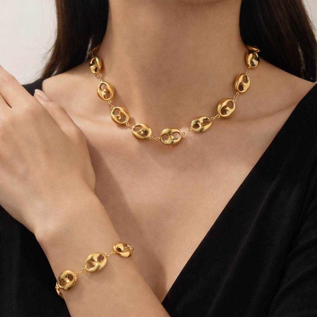 Gold Coffee Bean Link Necklace Set – Designer-Inspired Stainless Steel