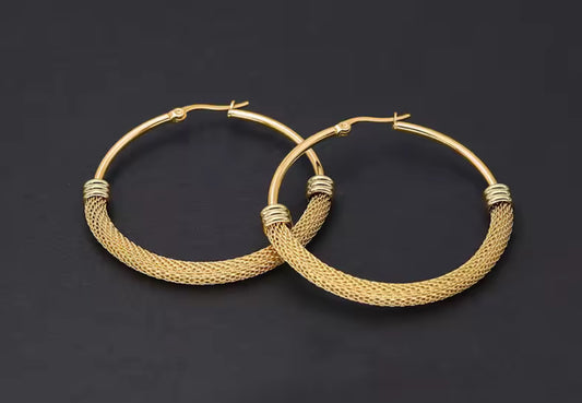 Designer Inspired Mesh Stainless Steel Hoop Earrings – Modern Textured Hoops for Women.