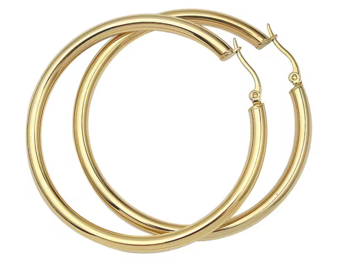 Gold Stainless Steel 55mm Big Hollow Hoop Earrings – Bold Lightweight Statement Hoops for Women.