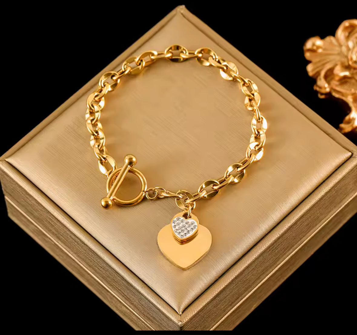 Gold Stainless Steel Double Heart Necklace & Bracelet Set with Inlaid Zircon