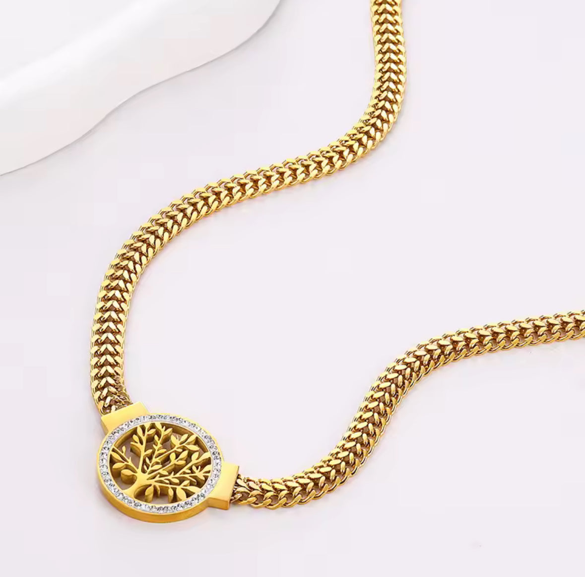 Stainless Steel Thick Chain Tree of Life Necklace – Micro Inlaid Zircon Pendant for Women & Men.