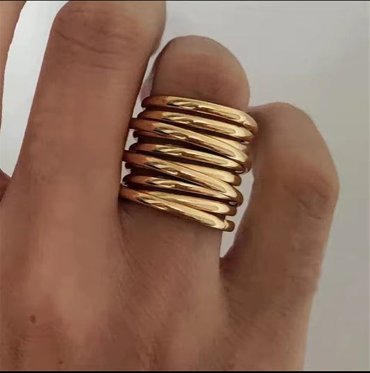 Retro 18K Gold Overlay Stainless Steel Multi-Layer Ring – Unique Vintage Statement Ring for Women.