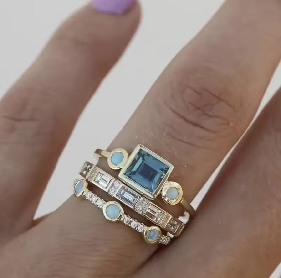 Designer-Inspired 3-Piece Gold Blue Zircon Cocktail Ring Set – Elegant Stackable Rings for Women.