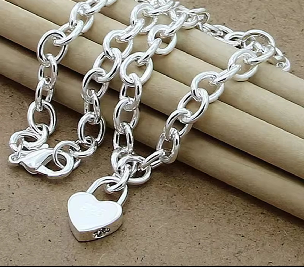 Silver Link Necklace with a Thick Heart Charm