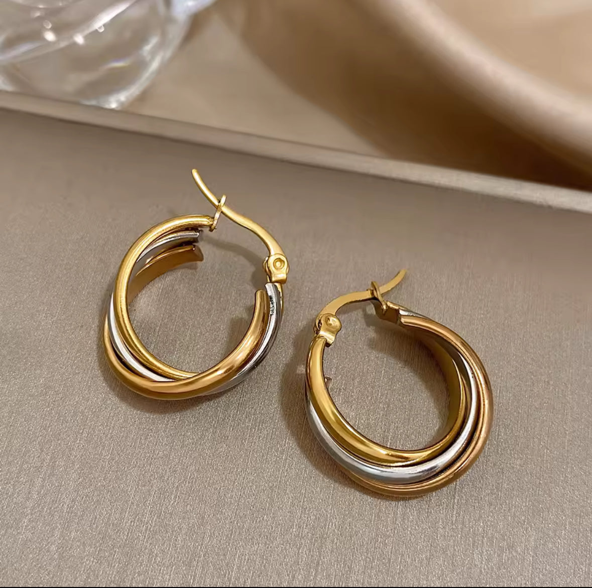 Small Stainless Steel U shape, Twisted Two Tone Hoop Earrings
