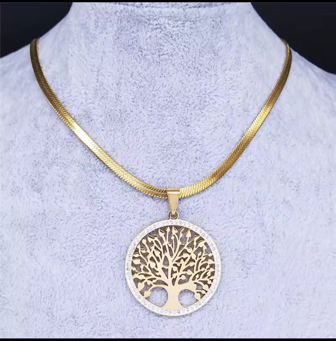 Gold Stainless Steel Herringbone Chain with A Inlaid Zircon Tree Of Life Pendant