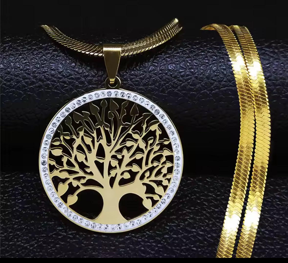 Gold Stainless Steel Herringbone Chain with A Inlaid Zircon Tree Of Life Pendant