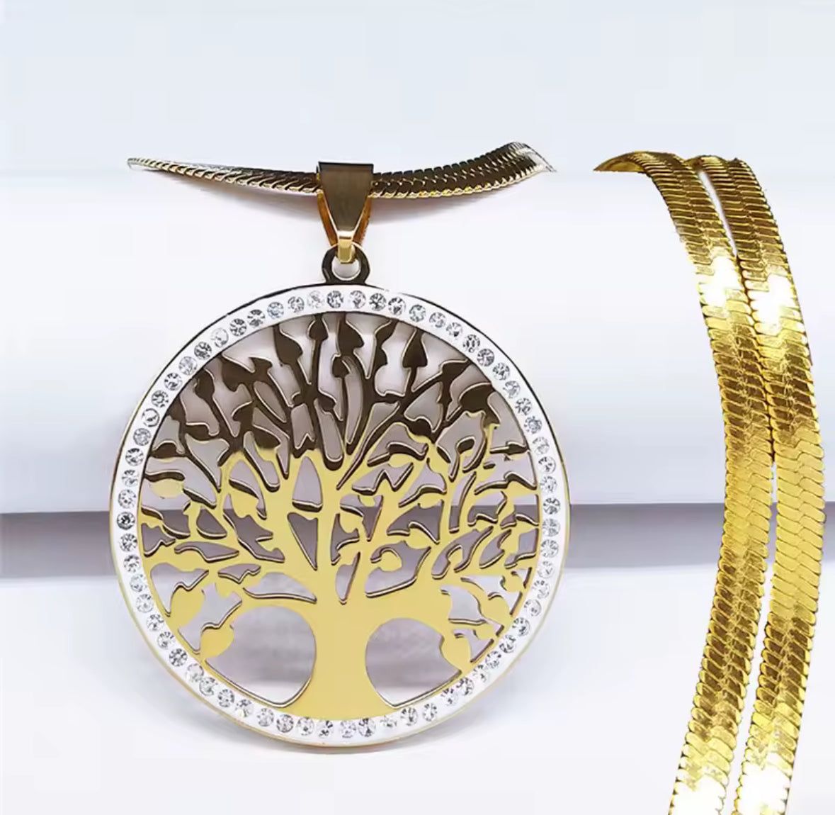 Silver Stainless Steel Herringbone  Necklace with Inlaid Zircon Tree Of Life Pendant