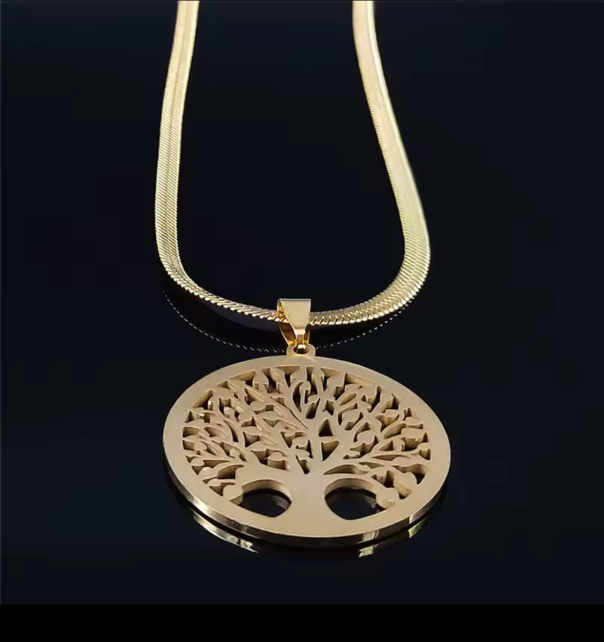Gold Stainless Steel Herringbone Chain with A Inlaid Zircon Tree Of Life Pendant