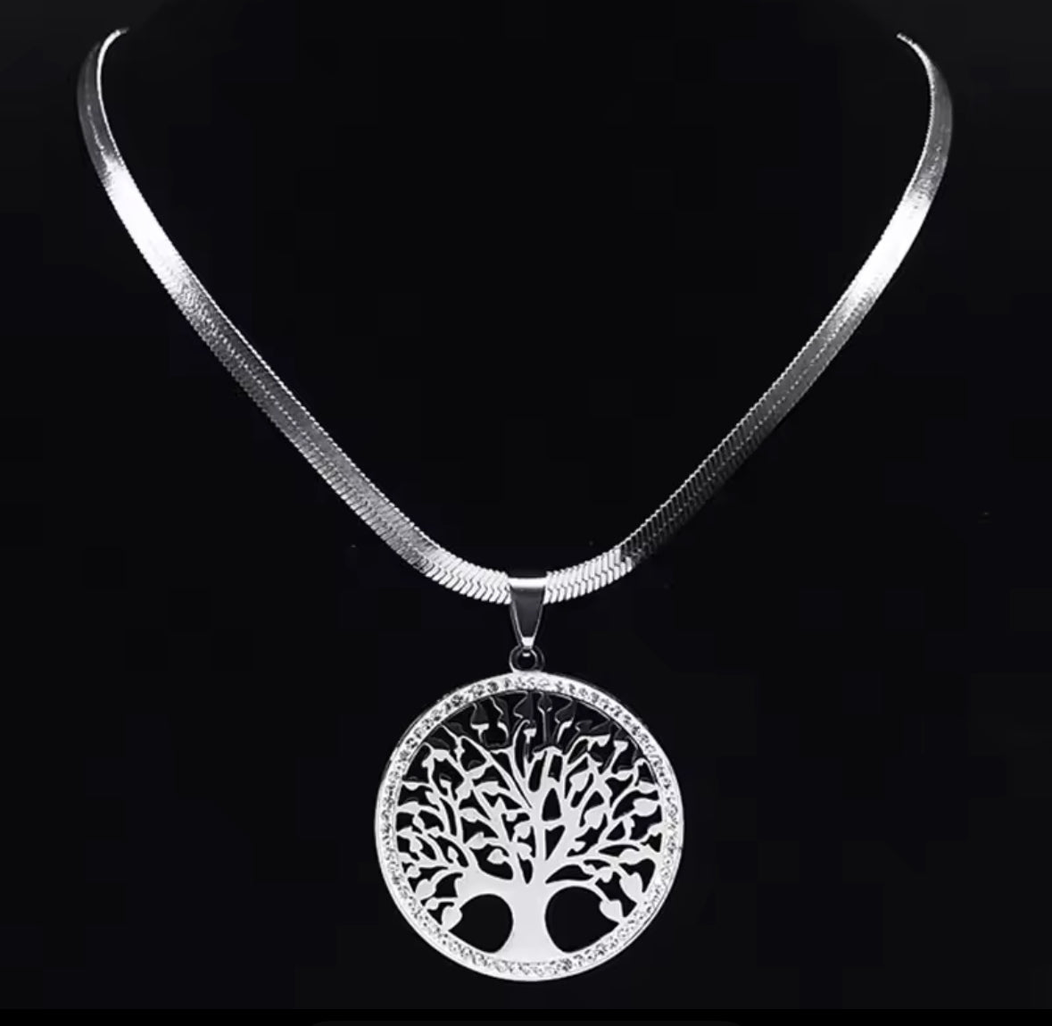Gold Stainless Steel Herringbone Chain with A Inlaid Zircon Tree Of Life Pendant