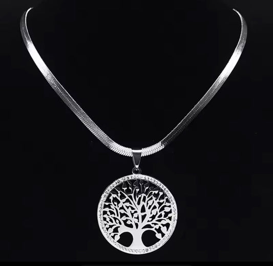 Silver Stainless Steel Herringbone  Necklace with Inlaid Zircon Tree Of Life Pendant