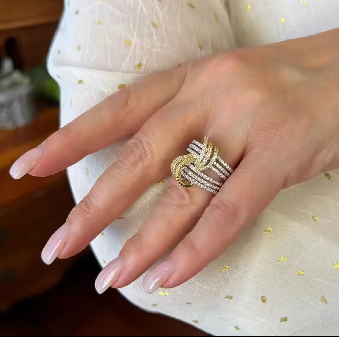 Gorgeous Gold & Silver Zircon Cocktail Ring – Sparkling Statement Ring for Women.