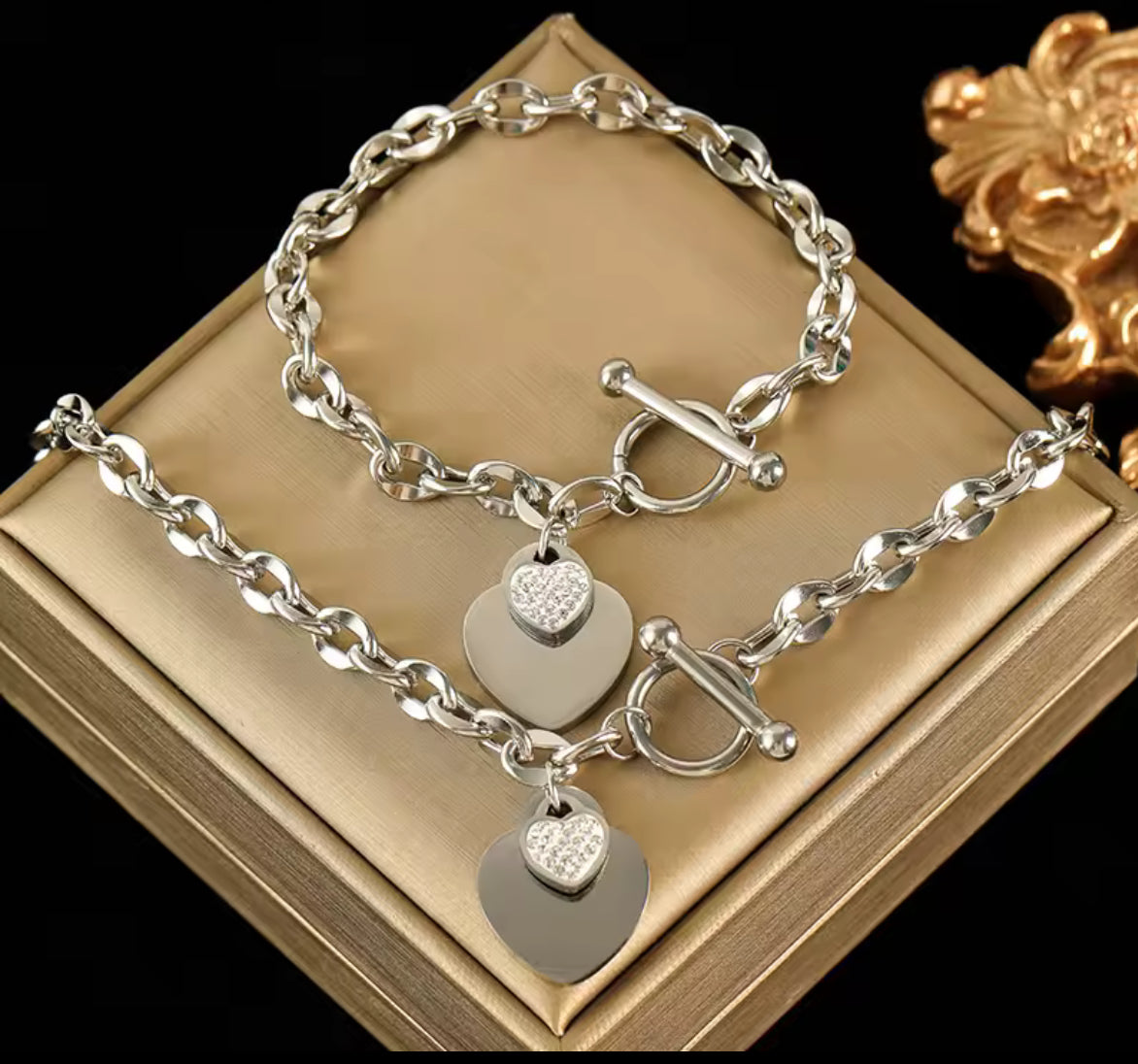 stainless steel gold double heart necklace and bracelet set