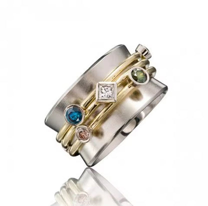 Fashion Band Ring for Women with Gold Color Waist Line Geometric Colorful CZ Stone