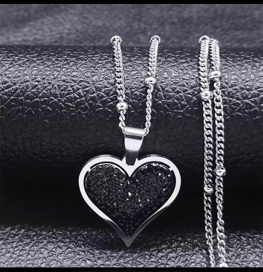 Stainless Steel Black Crystal Heart gold, silver, or iridescent  Pendants Necklaces.