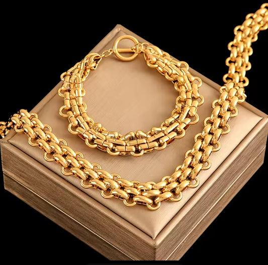 Statement Gold Large Link Stainless Steel Necklace & Bracelet Set – Chunky Chain Jewelry for Women.
