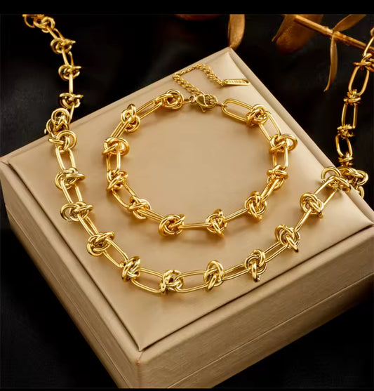 Gold twisted knot, stainless steel bracelet and necklace set