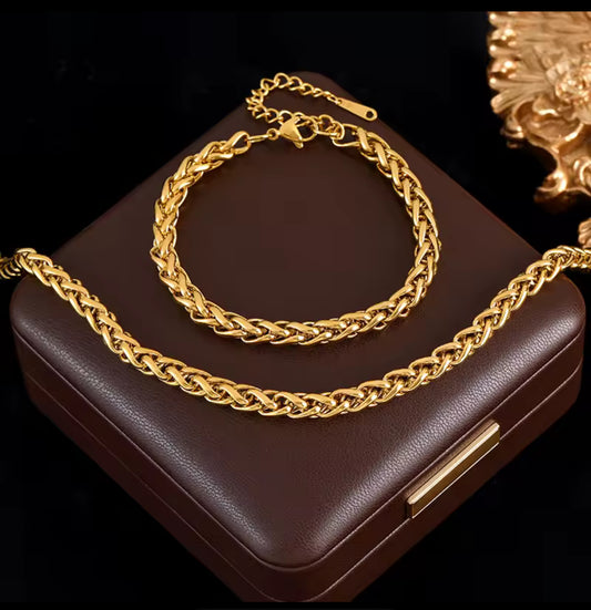 Gold stainless steel  v twisted bracelet and necklace set