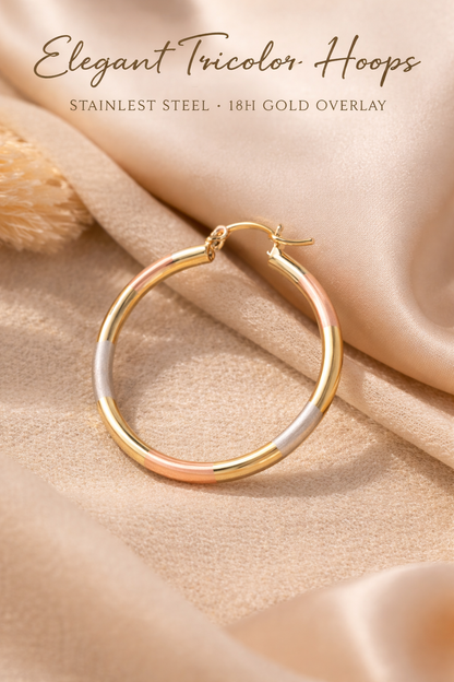 Glamour Luxe Tricolor Hoop Earrings – 18K Gold Overlay