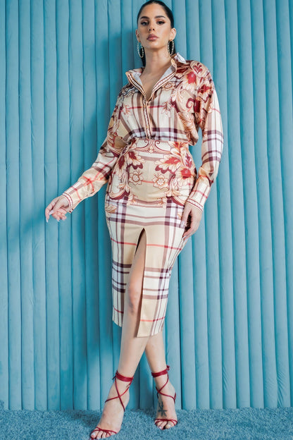Satin Scarf Print Blouse & Front Slit Skirt Set