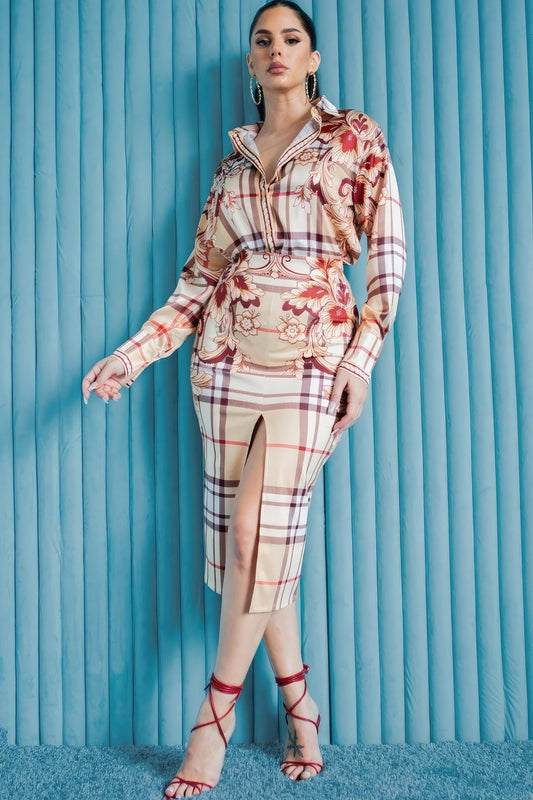 Satin Scarf Print Blouse & Front Slit Skirt Set