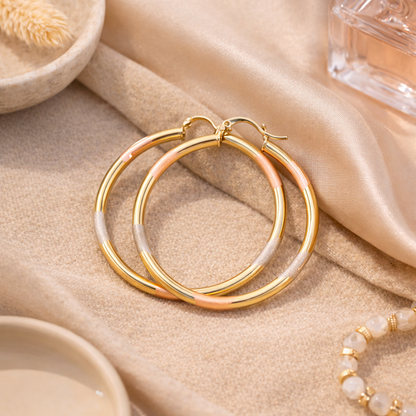 Glamour Luxe Tricolor Hoop Earrings – 18K Gold Overlay