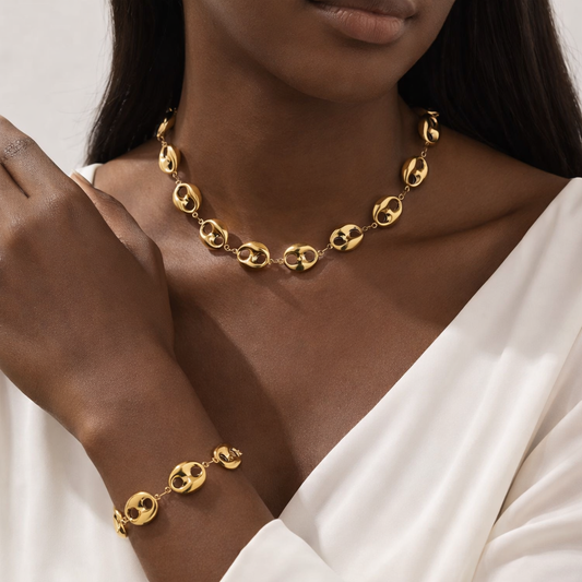 Gold Coffee Bean Link Necklace Set – Designer-Inspired Stainless Steel