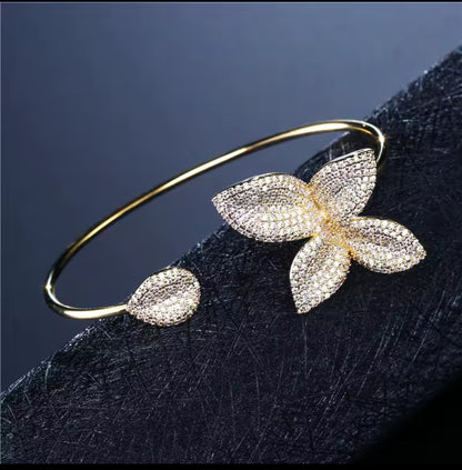 Micro Paved Cubic Zircon Leaf Cuff Bracelet
