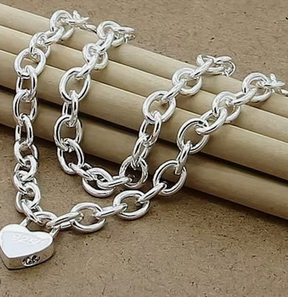 Silver Link Necklace with a  Thick Heart Charm