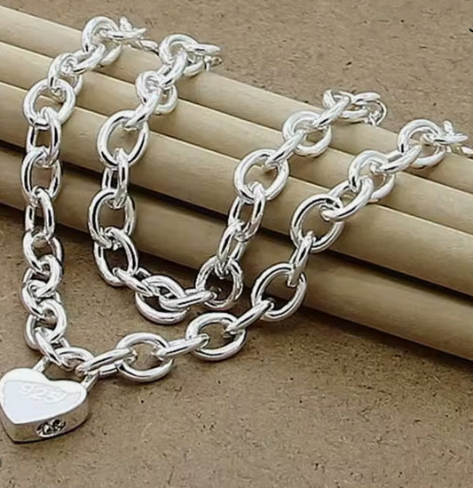 Silver Link Necklace with a  Thick Heart Charm