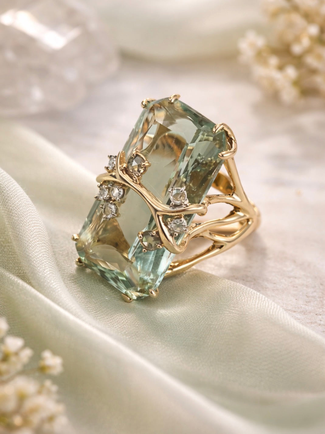 Silver Plated cocktail Ring with large  Green Zircon