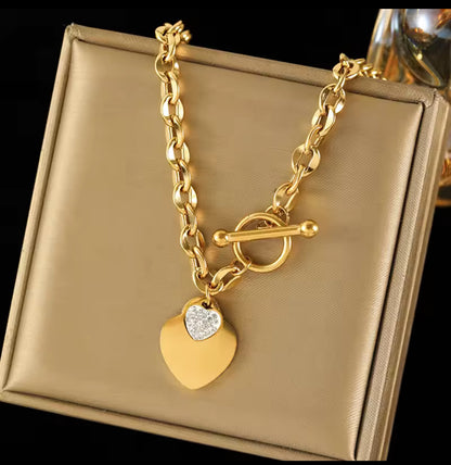 Gold Stainless Steel Double Heart Necklace & Bracelet Set with Inlaid Zircon
