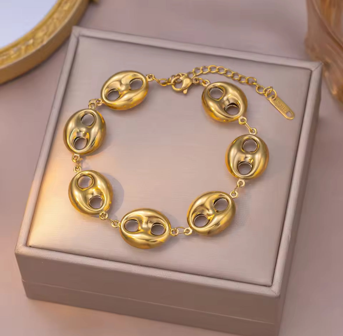 Gold Coffee Bean Link Necklace Set – Designer-Inspired Stainless Steel
