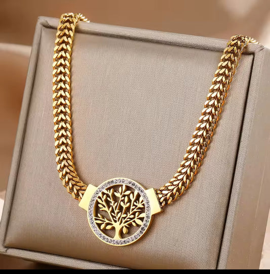 Stainless Steel Thick Chain Tree of Life Necklace – Micro Inlaid Zircon Pendant for Women & Men.