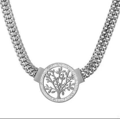 Stainless Steel Thick Chain Tree of Life Necklace – Micro Inlaid Zircon Pendant for Women.