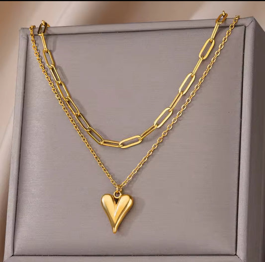 Gold, Stainless Steel  Multi   Layer Heart Neckless