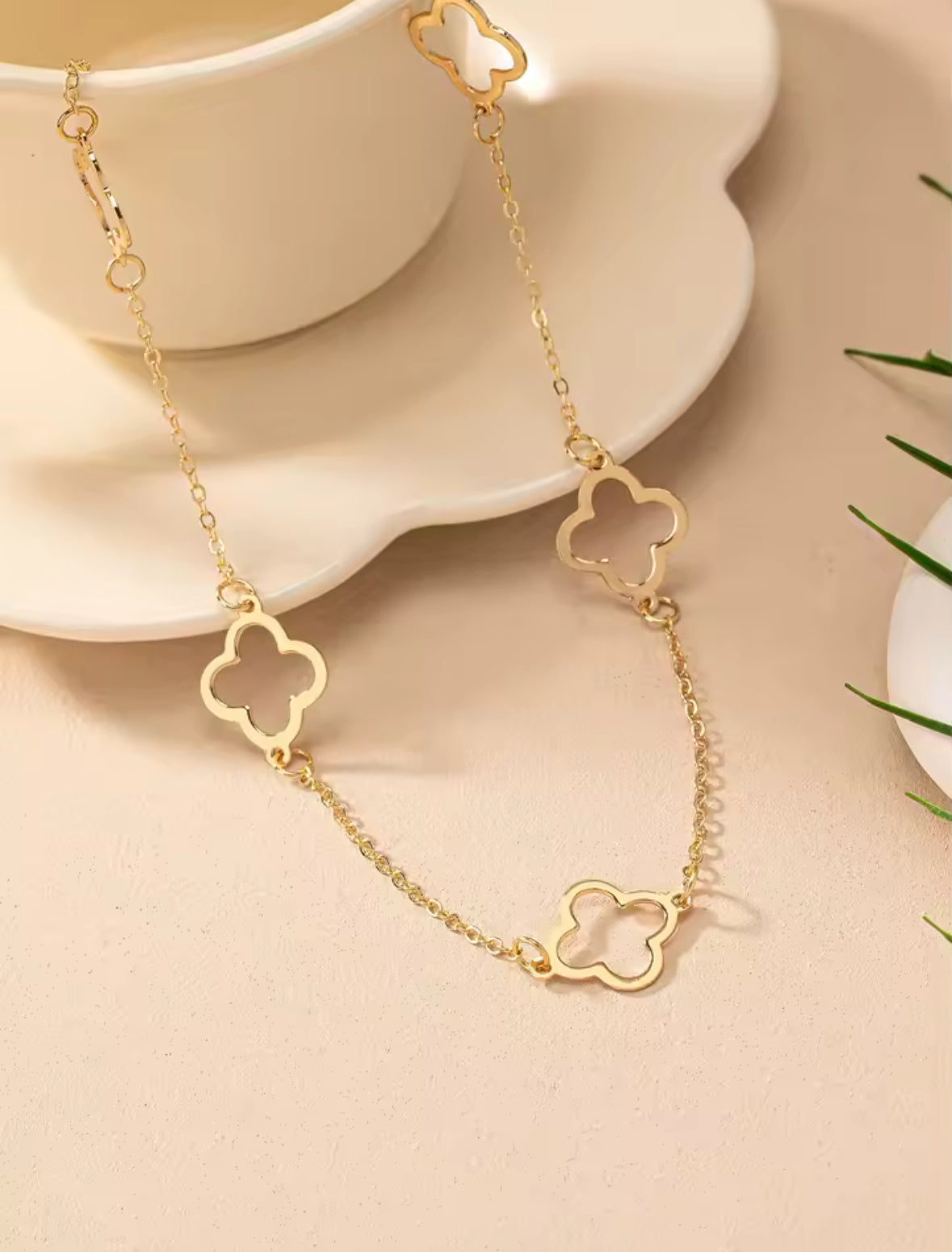 Designer inspired gold four  leaf clover necklace