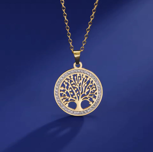 Tree of life stainless steel necklace with inlaid Zircon
