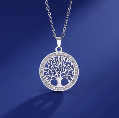 Tree of life stainless steel necklace with inlaid Zircon