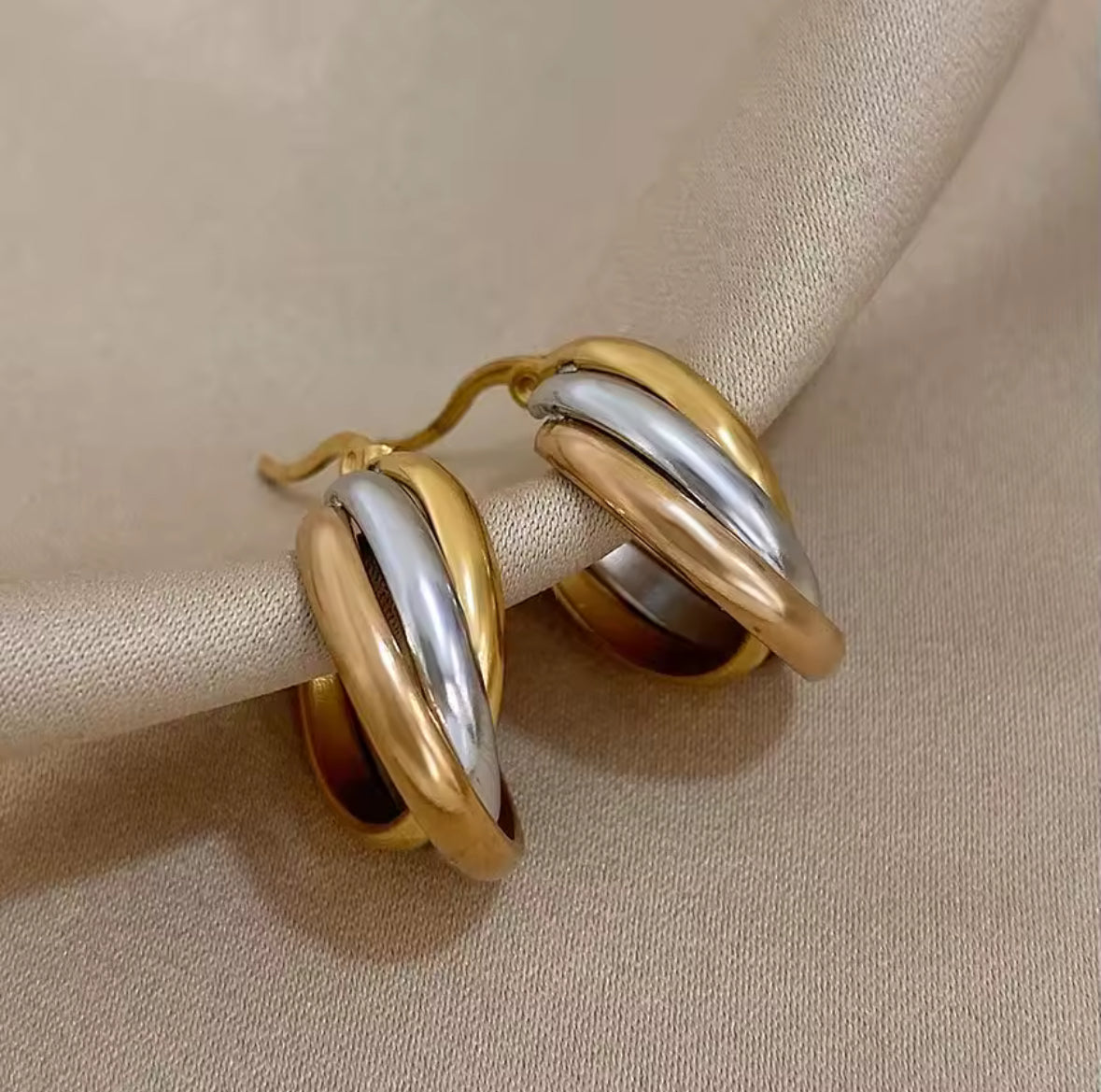 Small Stainless Steel U shape, Twisted  Two Tone  Hoop Earrings