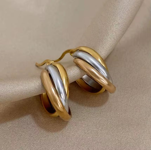 Small Stainless Steel U shape, Twisted  Two Tone  Hoop Earrings