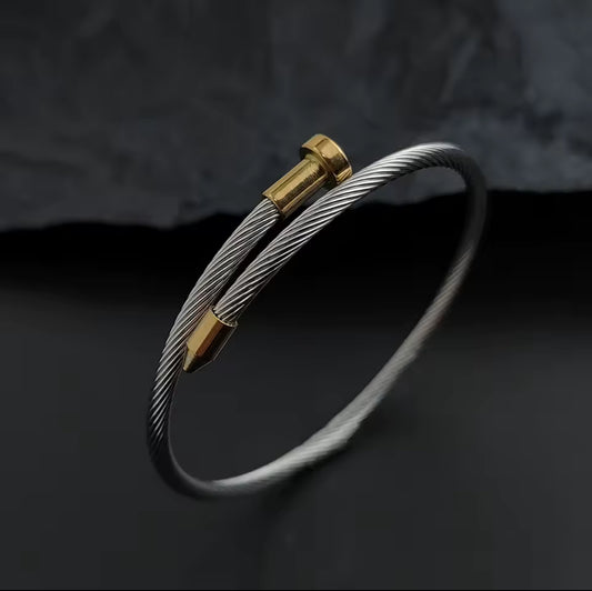 Designer Inspired Two Tone Button Pattern Nail Stainless Steel Bracelet