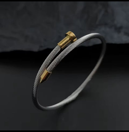 Designer Inspired Two Tone Button Pattern Nail Stainless Steel Bracelet