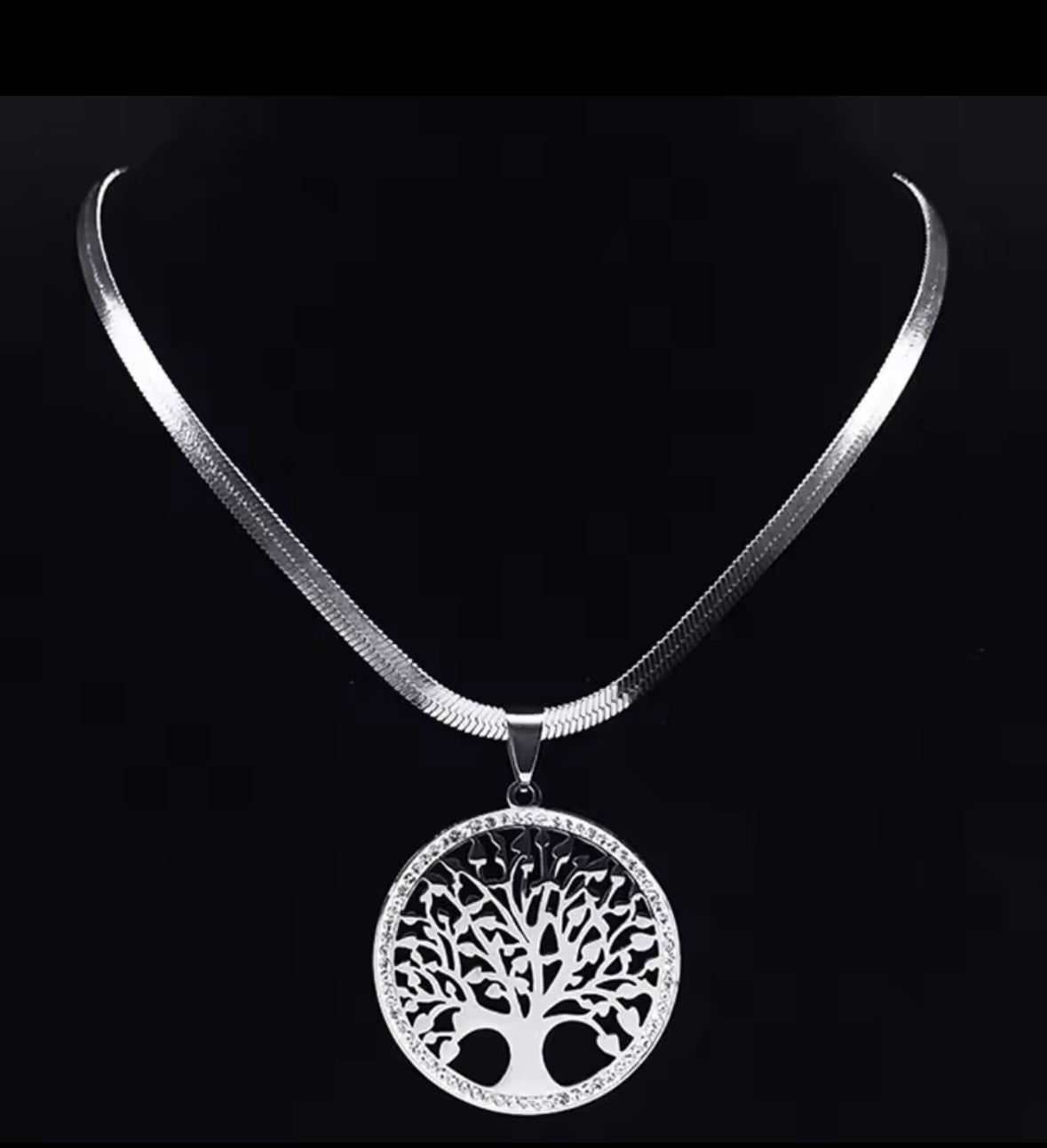 Gold Stainless Steel Herringbone Chain  with A  Inlaid Zircon Tree Of Life Pendant