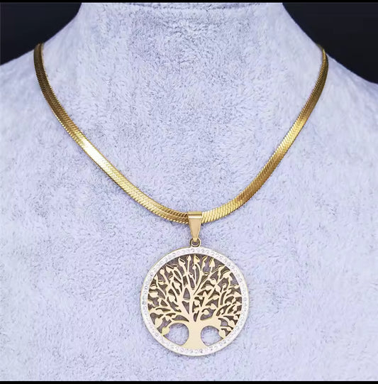 Gold Stainless Steel Herringbone Chain  with A  Inlaid Zircon Tree Of Life Pendant