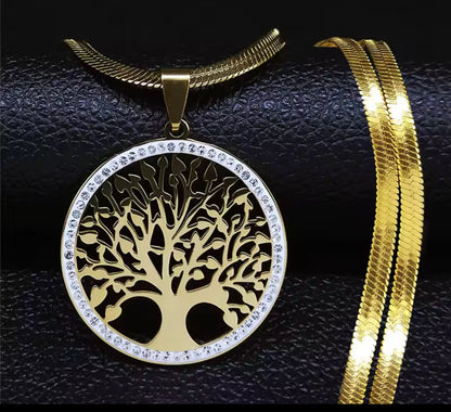 Gold Stainless Steel Herringbone Chain  with A  Inlaid Zircon Tree Of Life Pendant