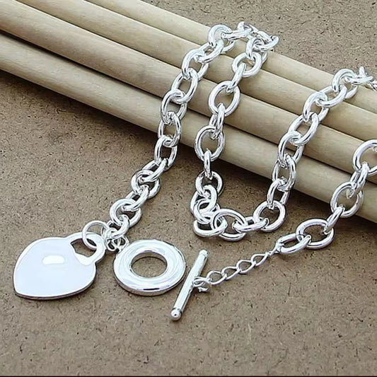 Sterling Silver  Big Link Necklace with a Toggle and Heart Pendent